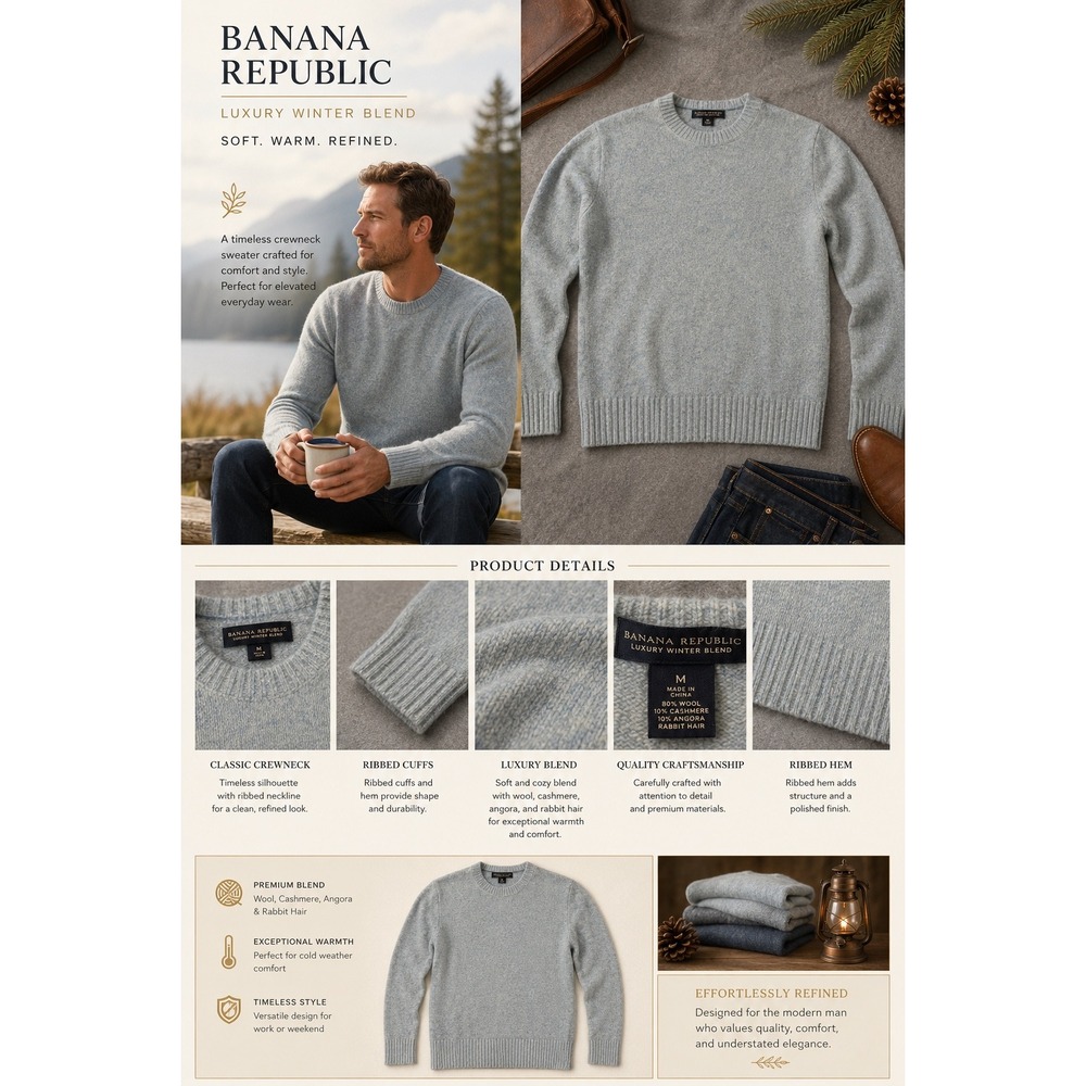 Banana Republic Luxury Winter Blend Wool Cashmere Angora Sweater Blue Mens M